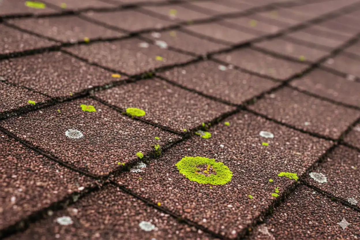 Roof tiles grey with green and yellow moss close up texture perspective view