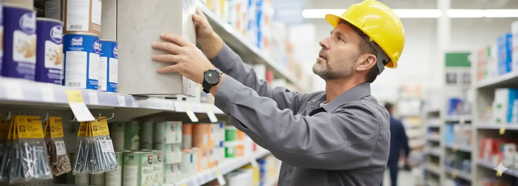 man looking for materials to DIY - fixing crack in the wall by yourself .
